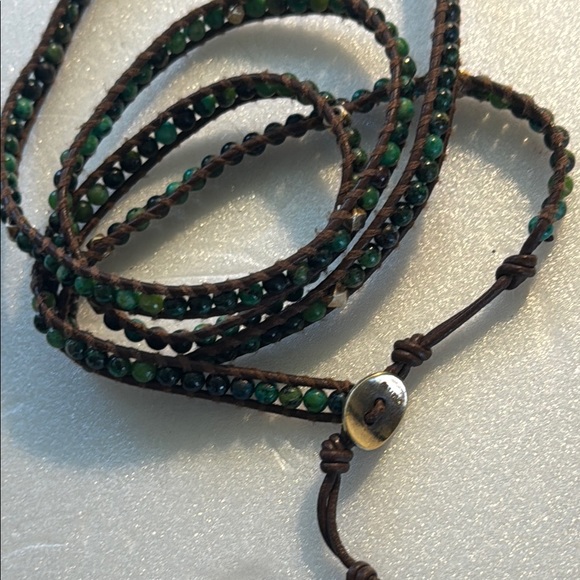 Malachite Green and Silver Chan Luu Brown leather Beaded Wrap Bracelet - Picture 3 of 4